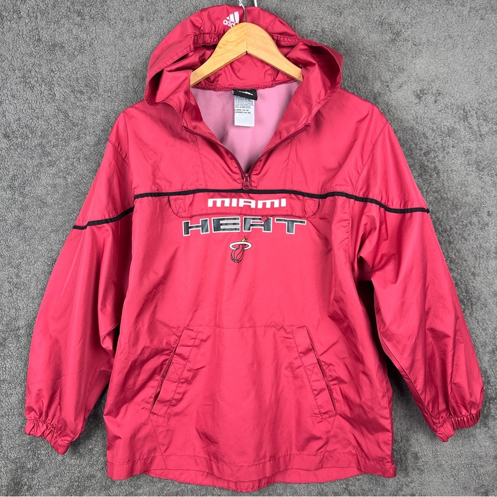 Vintage Adidas Miami Heat Youth Large 14/16 Windbreaker Jacket Packable W/ Hood